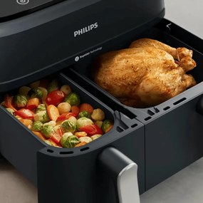 Friteuza dubla cu aer cald Philips NA351/00, 2750 W, 6+3 l, 80-200°C, 1,5 kg, 8 programe, Ecran tactil, Copiere si sincronizare, Negru/Argintiu