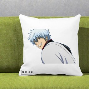 Perna Personalizata Gintama Gintoki Portret cu Zambet, 40x40 cm, Alba Mata, Husa Detasabila, Perna Inclusa, BEKZ®