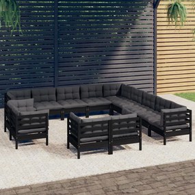 3096963 vidaXL Set mobilier grădină cu perne, 13 piese, negru, lemn masiv pin