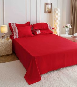 Lenjerie pat dublu, Inimi Brodate, 6 Piese, Finet Premium - Rosu