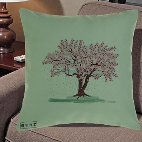 Perna Decorativa Cires Inflorit Acuarela, 40x40 cm, Verde, Husa Detasabila, Perna Inclusa, BEKZ®