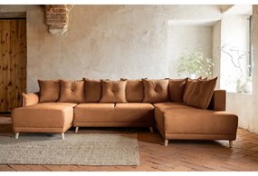 Colțar cărămiziu extensibil cu tapițerie din catifea reiată (colț dreapta/în formă de "U") Lazy Lukka – Miuform