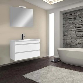 Mobilier de baie Cube 80 cm cu lavoar ceramic (2 sertare) și oglindă 60x80 cm vopsit în alb lucios