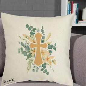 Perna Personalizata Cruce Florala Botez, 40x40 cm, Ecru, Husa Detasabila, Perna Inclusa, BEKZ®
