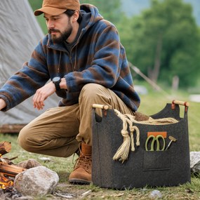 Outsunny Sac din Fetru pentru Lemne de Foc, Coș Portalemne de Interior cu Mânere din Lemn, Coș Multiuz pentru Pături, Reviste și Bucșe de Lemn, 45x32x40 cm, Gri Închis | Aosom Romania