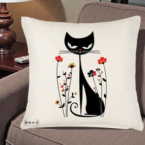 Perna Decorativa Pisica Neagra Grafica Flori Rosii, 40x40 cm, Crem Reliefat, Husa Detasabila, Perna Inclusa, BEKZ®