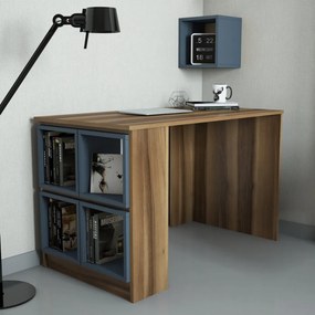 Set Birou de Studiu si Raft, PAL Melaminat, Box, Nuc / Albastru Petrol
