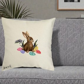 Perna Decorativa Iepuras cu Oua de Pasti Acuarela, 40x40 cm, Ecru, Husa Detasabila, Perna Inclusa, BEKZ®