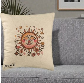 Perna Decorativa Soare Retro Boho Floral, 40x40 cm, Bej, Husa Detasabila, Perna Inclusa, BEKZ®