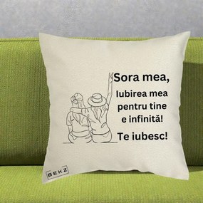 Cadou pentru Sora - Perna Personalizata Sora Mea Te Iubesc Line Art Portrete Colorate, 40x40 cm, Ecru, Husa Detasabila, Perna Inclusa, BEKZ®