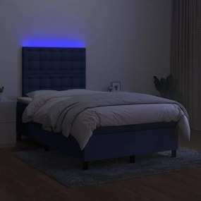 Pat cu arcuri, saltea si LED, albastru, 120x200 cm, textil Albastru, 120 x 200 cm, Nasturi de tapiterie