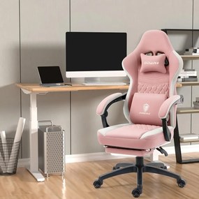 DOWINX Scaun gaming, ergonomic, suport lombar cu masaj, Șezut cu Arcuri Metalice și Spumă, Pernă de Gel, Spătar înalt, rabatabil 90°-135°, Buzunar depozitare, Suport picioare, rezistent 150 kg, material respirabil, Roz