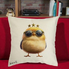 Perna Decorativa Pui Gold Star cu Ochelari Aurii, 40x40 cm, Ecru, Husa Detasabila, Perna Inclusa, BEKZ®
