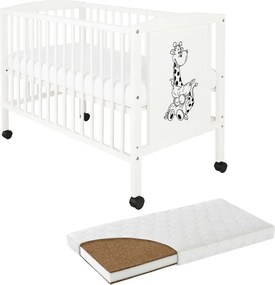 RESIGILAT Patut din lemn masiv 120x60 cm Bria alb cu roti si saltea cocos LUX 120x60x12 cm, reglabil pe 3 nivele, certificat EN71