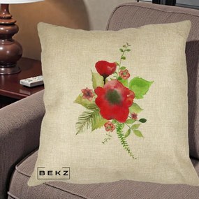 Perna Decorativa Buchet Rosu Acuarela, 40x40 cm, Crem, Husa Detasabila, Perna Inclusa, BEKZ®