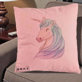 Perna Decorativa Unicorn Acuarela Pastel, 40x40 cm, Roz, Husa Detasabila, Perna Inclusa, BEKZ®