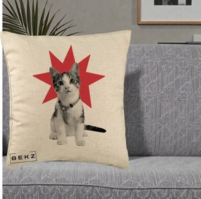 Perna Decorativa Pisica Star Pop Art, 40x40 cm, Bej, Husa Detasabila, Perna Inclusa, BEKZ®