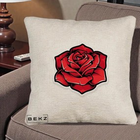 Perna Decorativa Trandafir Rosu Tattoo, 40x40 cm, Bej Canapea, Husa Detasabila, Perna Inclusa, BEKZ®