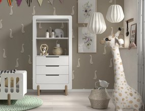 Set mobilier pentru copii SMILE, alb, pat 60 x 120 cm cu bare robuste și bază reglabilă, masă de schimbat cu trei rafturi deschise și dulap cu suport