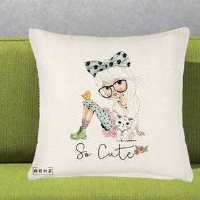 Perna Decorativa So Cute Fata Fashion, 40x40 cm, Crem Reliefat, Husa Detasabila, Perna Inclusa, BEKZ®
