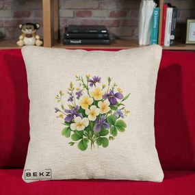 Perna Decorativa Viorele Iris Violet si Trifoi, 40x40 cm, Bej Canapea, Husa Detasabila, Perna Inclusa, BEKZ®