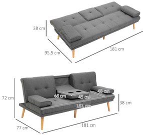 HOMCOM Canapea Extensibilă cu 3 Locuri, 2 Cotiere Detașabile, Covoraș Antiderapant și Imitație In și Lemn, 181x77x72 cm, Gri Închis | Aosom Romania