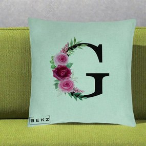 Cadou Personalizat - Perna Personalizata Monograma Florala Litera G, 40x40 cm, Verde Menta, Husa Detasabila, Perna Inclusa, BEKZ®