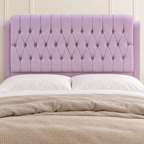 Pat tapițat Chesterfield din catifea Aveline Deluxe 160×200 cm, lila, cu ladă de depozitare