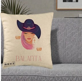 Perna Personalizata Zodiac Balanta Cowgirl, 40x40 cm, Bej, Husa Detasabila, Perna Inclusa, BEKZ®