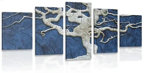 Tablou 5-piese copacul abstract pe lemn cu contrast albastru