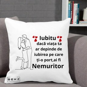 Cadou pentru Iubit - Perna Personalizata Iubitu Nemuritor cu Cuplu Line-Art si Inimi Rosii, 40x40 cm, Alba Mata, Husa Detasabila, Perna Inclusa, BEKZ®