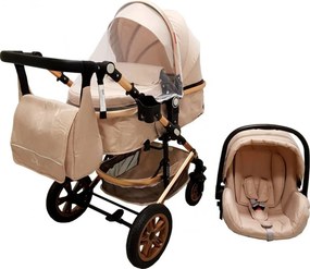Carucior nou nascuti 3 in 1 Baby Care™ PRO 530 , Cu geanta bebe, Cadru Aluminiu Gold, Amortizoare, Roti din cauciuc plin AVE, Landou, Scoica auto,