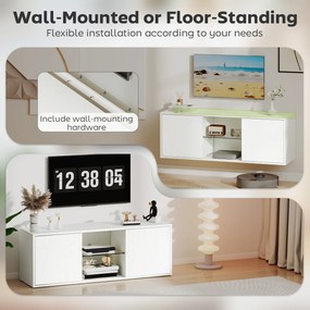 HOMCOM Mobilier Porta TV până la 55", Mobilier TV Suspendat sau pe Podea de 120 cm cu Uși Soft Close, Orificiu pentru Cabluri și Raft din Sticlă, pentru Sufragerie și Salon, Alb Efect Lemn | Aosom Romania