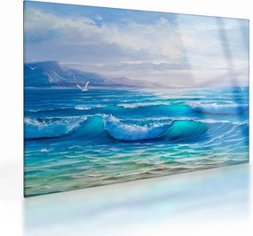 Tablou pe sticlă - Pictură în ulei de mare cu pescăruși (70x50 cm)
