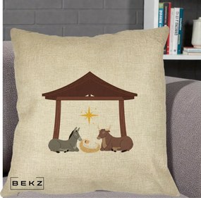 Perna Decorativa Ieslea din Betleem cu Iesle Asin si Bou, 40x40 cm, Crem, Husa Detasabila, Perna Inclusa, BEKZ®