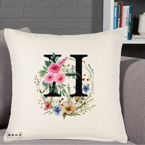 Cadou Personalizat - Perna Personalizata Monogram Litera H cu Flori Acuarela, 40x40 cm, Crem Reliefat, Husa Detasabila, Perna Inclusa, BEKZ®