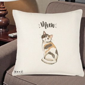 Perna Personalizata Pisica Meow Acuarela, 40x40 cm, Crem Reliefat, Husa Detasabila, Perna Inclusa, BEKZ®