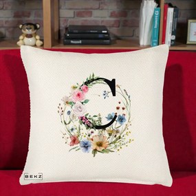 Cadou Personalizat - Perna Personalizata Monogram Litera C cu Flori Acuarela, 40x40 cm, Crem Reliefat, Husa Detasabila, Perna Inclusa, BEKZ®