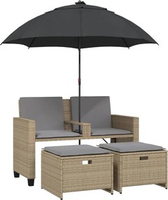 vidaXL Canapea de grădină cu 2 locuri/umbrelă/taburete bej poliratan