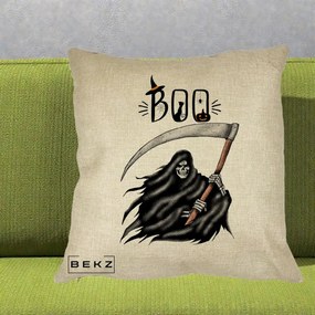 Perna Decorativa Halloween Boo Grim Reaper cu Coasa, 40x40 cm, Crem, Husa Detasabila, Perna Inclusa, BEKZ®