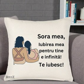 Cadou pentru Sora - Perna Personalizata Sora Mea Te Iubesc Doua Fete Fashioniste Line Art, 40x40 cm, Crem Reliefat, Husa Detasabila, Perna Inclusa, BEKZ®