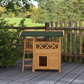PawHut Maison lodge pentru pisici sălbatice rătăcitoare cu terasă scară 77 x 50 x 73 cm lemn natural și verde | Aosom Romania