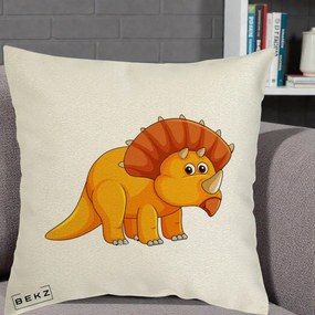Perna Decorativa Triceratops Portocaliu, 40x40 cm, Ecru, Husa Detasabila, Perna Inclusa, BEKZ®