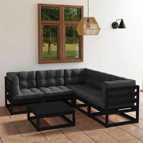 Set mobilier gradina cu perne, 6 piese, lemn masiv pin Negru, 1