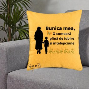 Cadou pentru Bunica - Perna Personalizata Bunica Mea Comoara cu Fluture si Baietel, 40x40 cm, Galben, Husa Detasabila, Perna Inclusa, BEKZ®