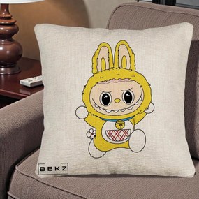 Perna Personalizata Labubu Galben Doraemon, 40x40 cm, Bej Canapea, Husa Detasabila, Perna Inclusa, BEKZ®