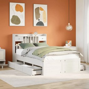 vidaXL Pat cu bibliotecă fără saltea, alb, 135x190 cm, lemn masiv pin