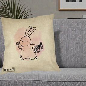 Perna Decorativa Iepuras Kawaii cu Cosulet Floral, 40x40 cm, Crem, Husa Detasabila, Perna Inclusa, BEKZ®