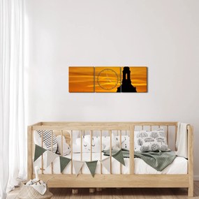 Tablou cu biserică în apus de soare (cu ceas) (90x30 cm)