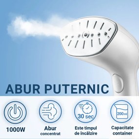 Aparat de calcat vertical cu aburi Rosberg R51051B, 1000W, 200 ml, 10-15g/min, Alb